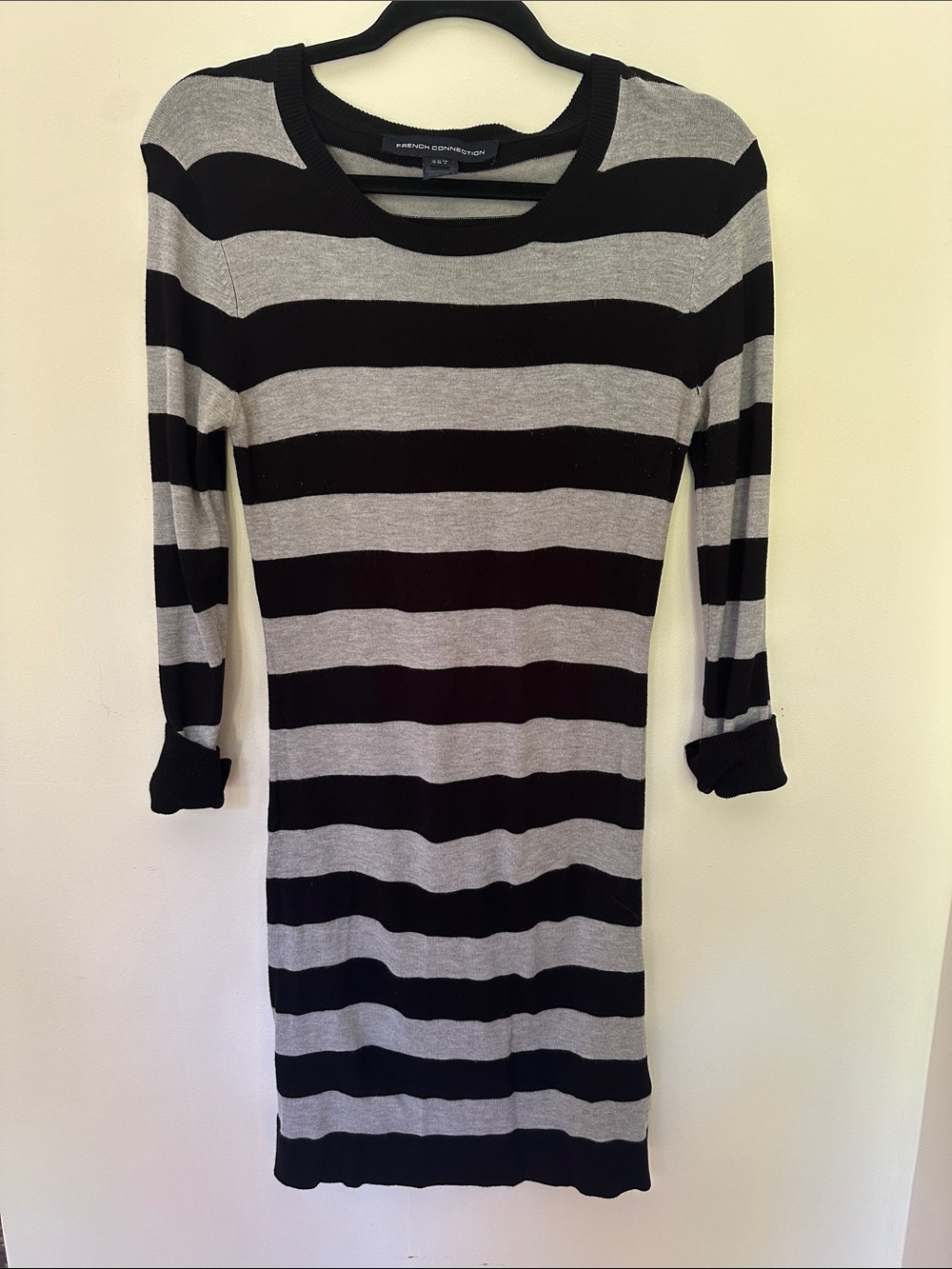 French Connection Black and Gray Striped Scoop-Neck Dress